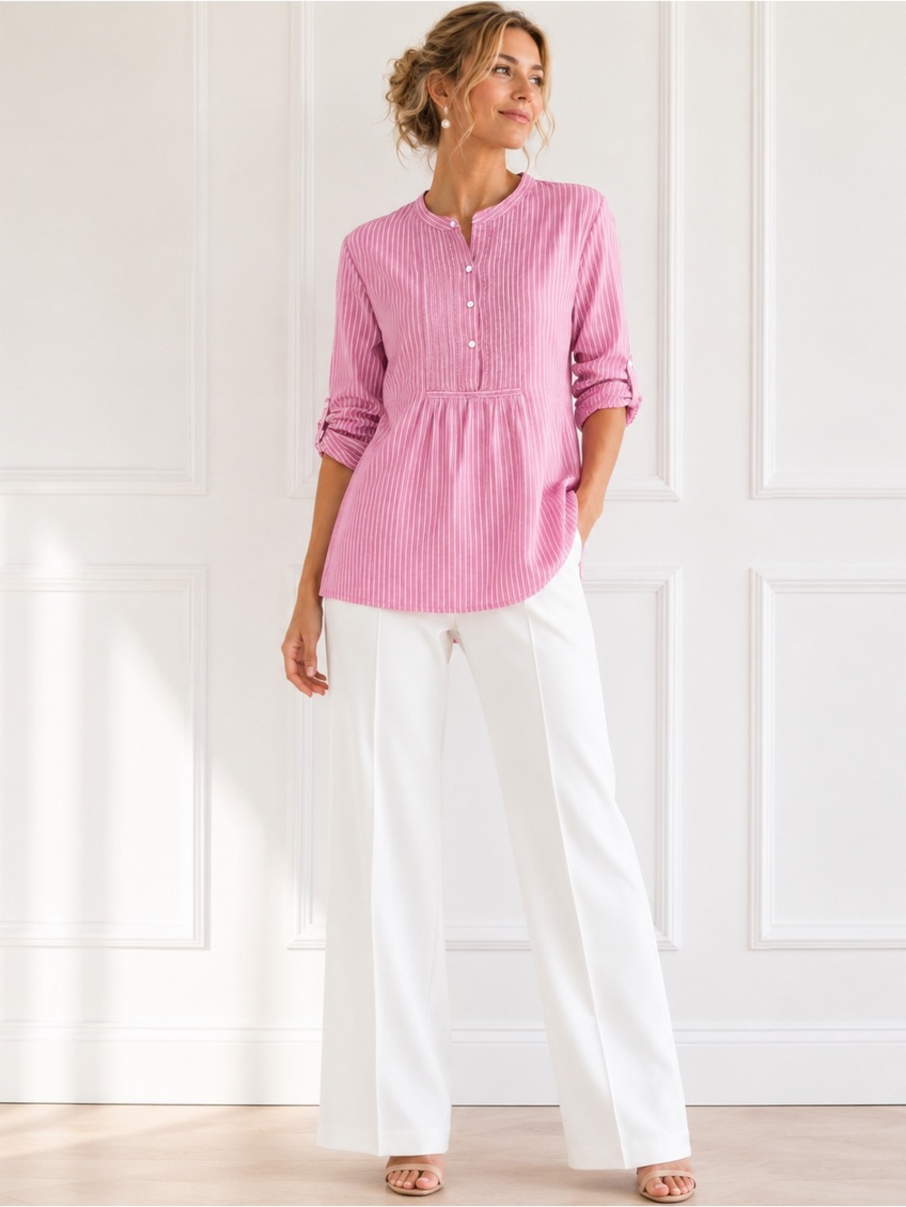 L.L. Bean Women’s  Pin Tuck Pleated Long Sleeve Poplin Top Blouse Size S Regular